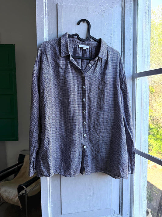 100% linen black and white woman blouse, small check pattern top, S