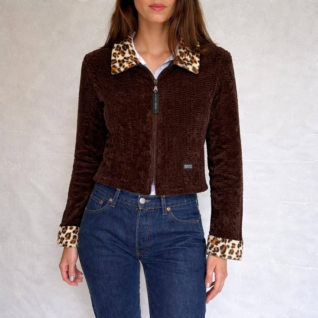 Vintage Versace Brown Zip Jacket With Leopard Collar