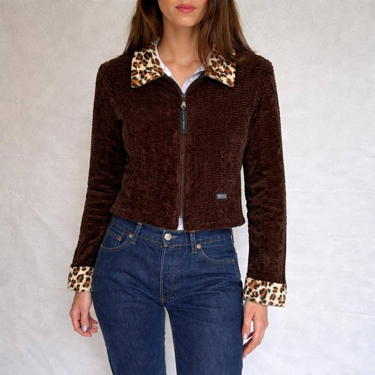 Vintage Versace Brown Zip Jacket With Leopard Collar