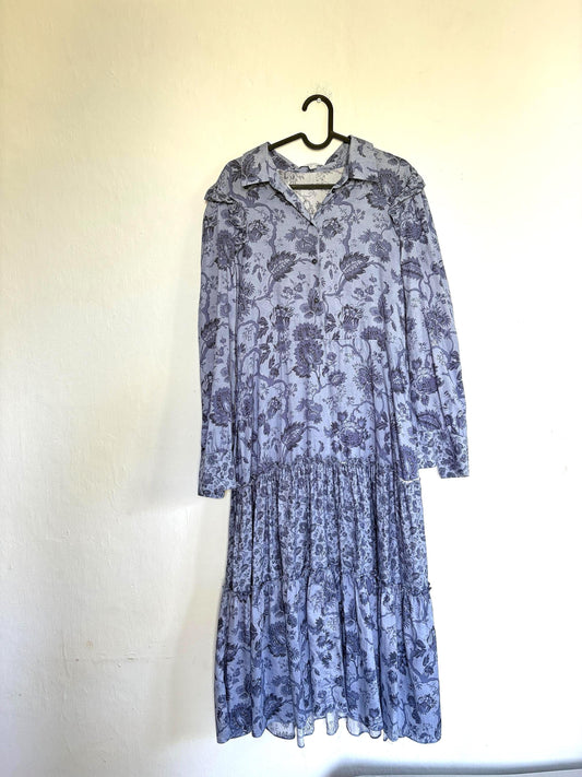 Pedro del Hierro blue floral maxi dress, Flower print summer dress with long sleeves, L
