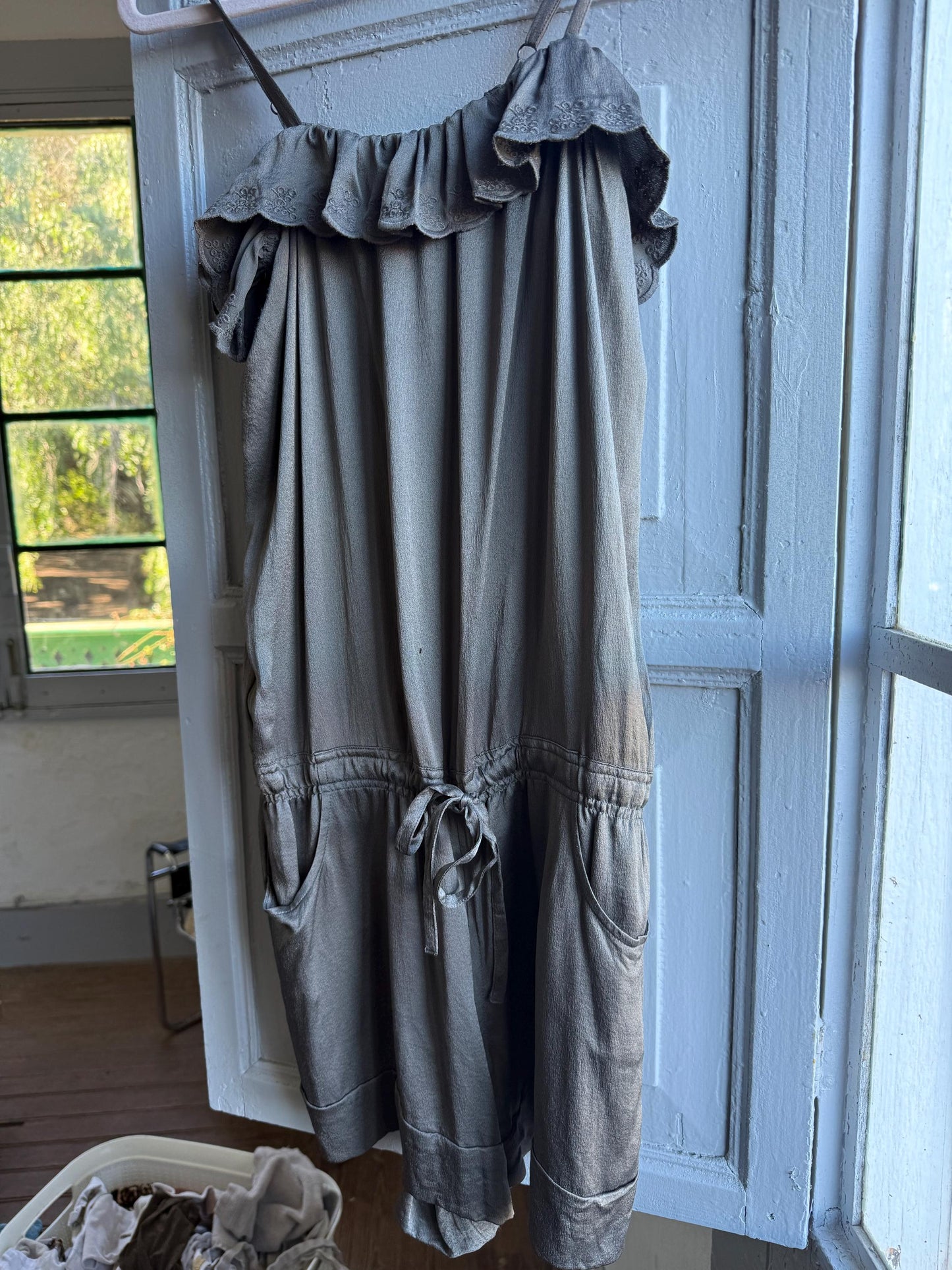 Grey Silk Jumpsuit by Spanish Designer — fabric close-up