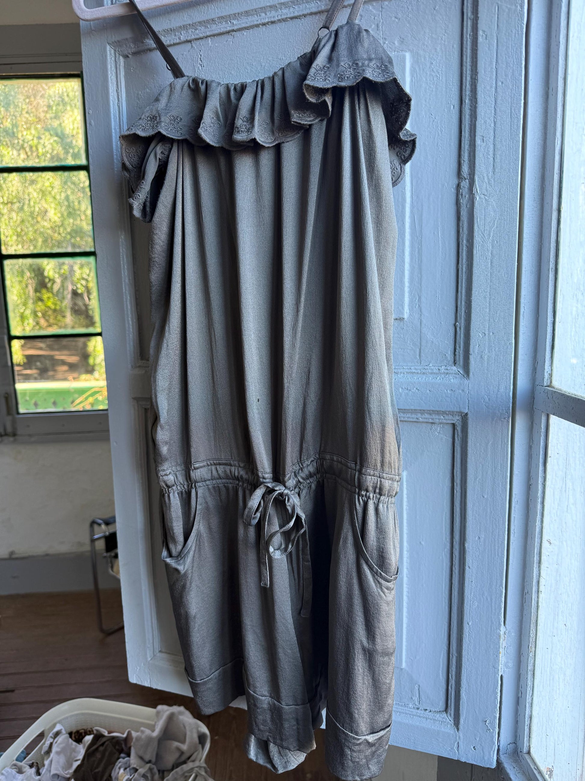 Grey Silk Jumpsuit by Spanish Designer — fabric close-up