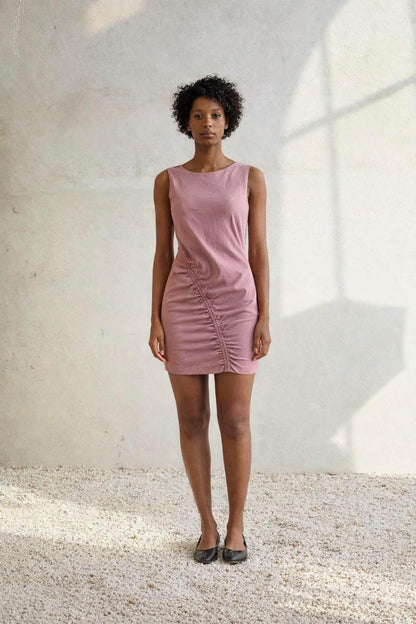 Dusty pink dress with deep open back, Sexy hourglass figure mini.