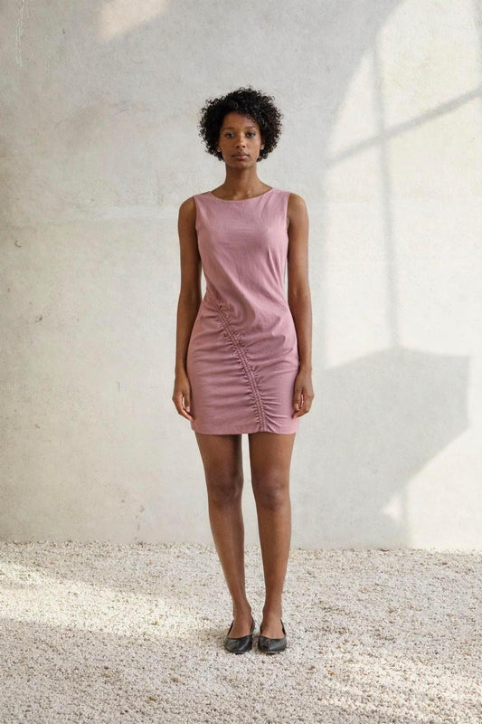 Dusty pink dress with deep open back, Sexy hourglass figure mini.