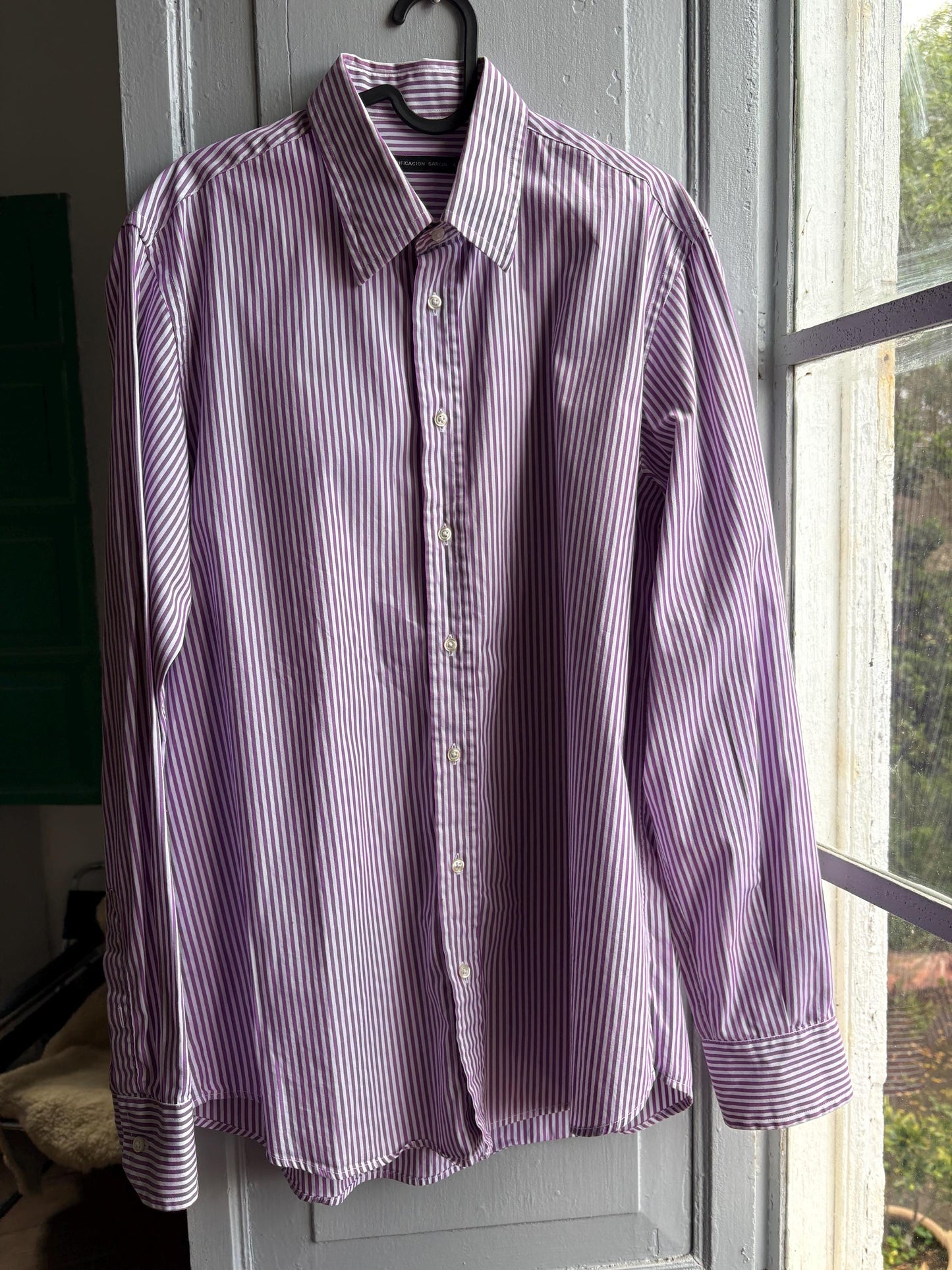 Purple Striped Button-Up Shirt by Purificación García — fabric close-up
