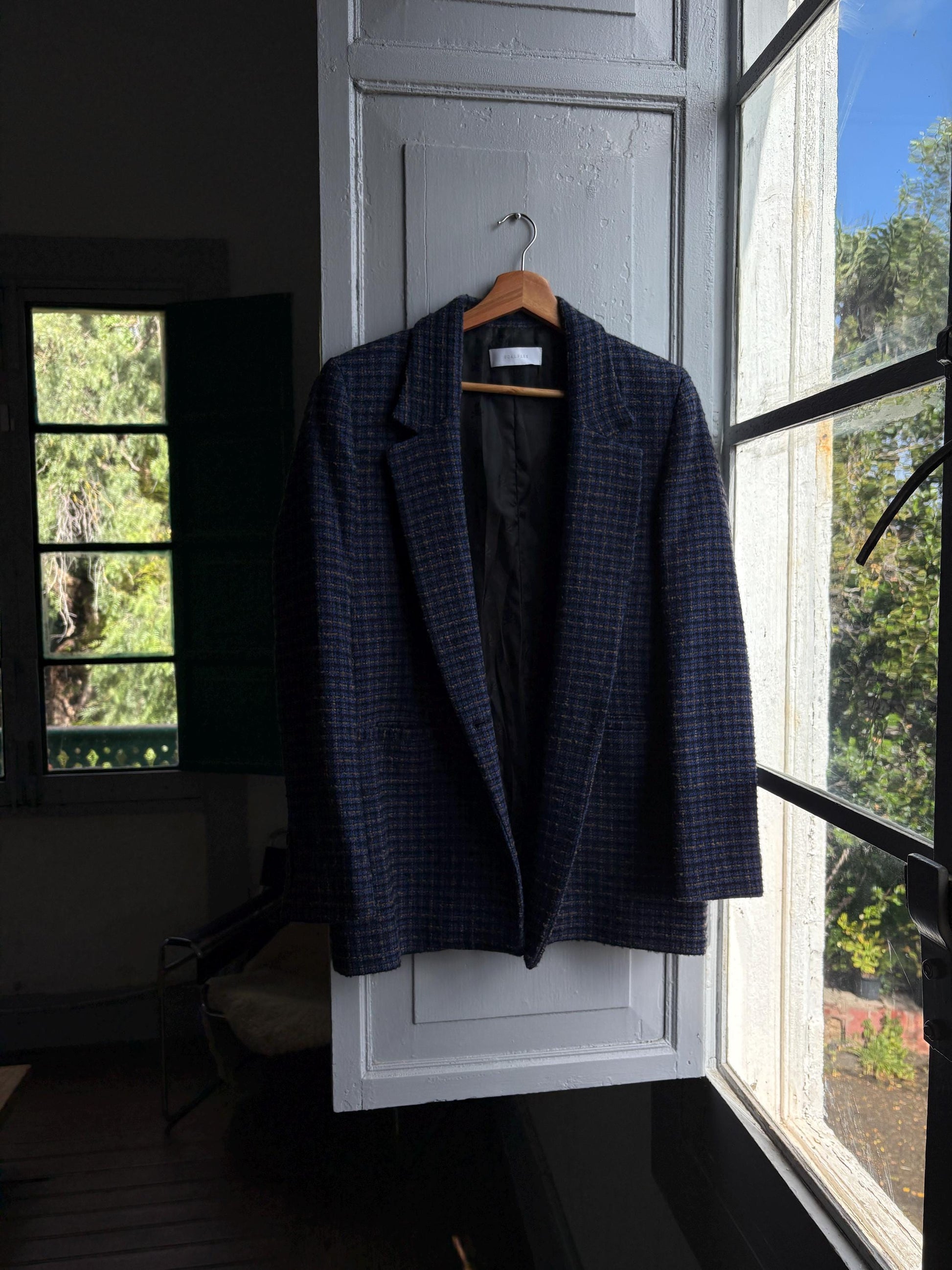 Navy Blue Plaid Tweed Blazer for Men — fabric close-up