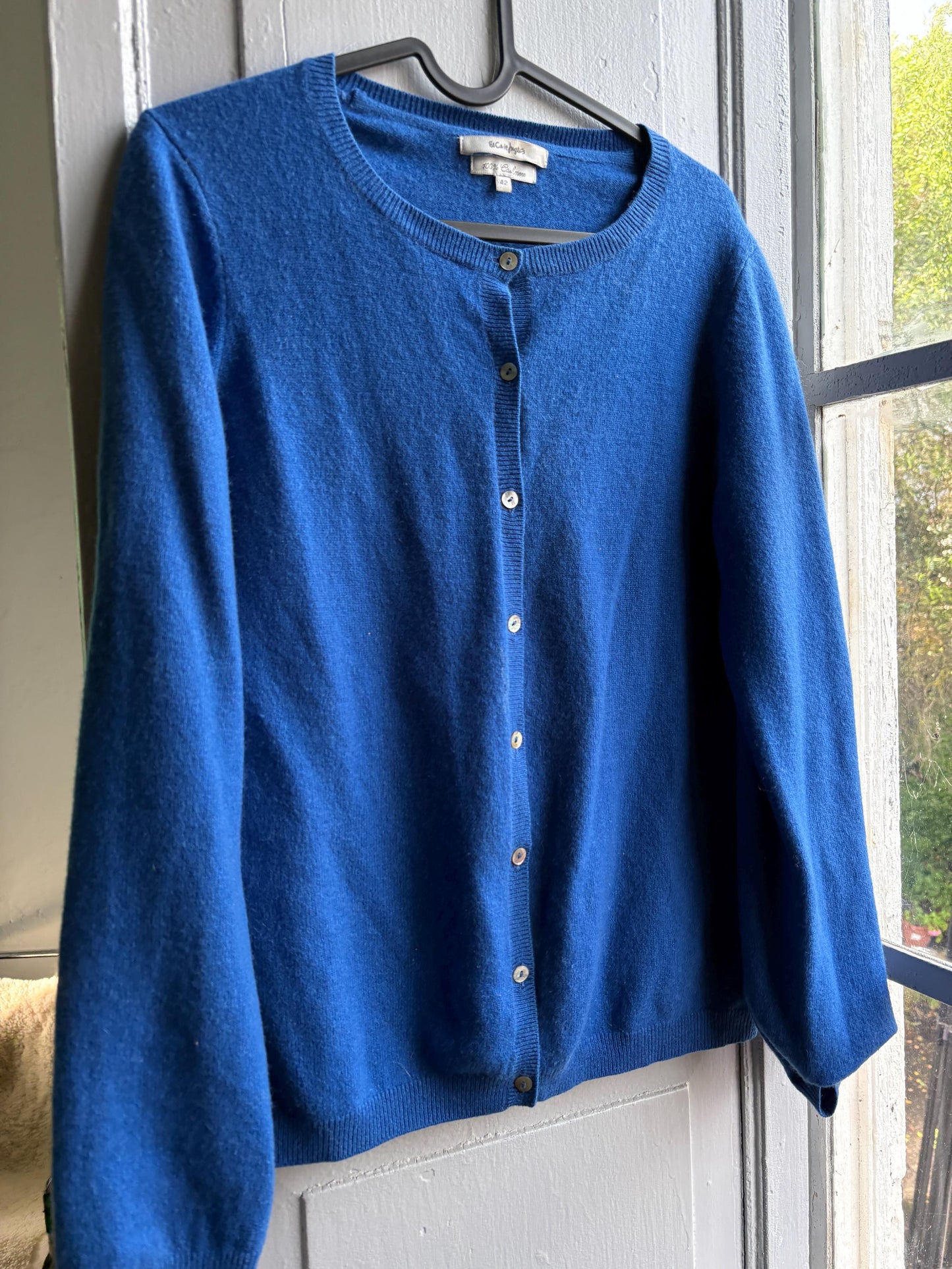 Vintage Blue Cashmere Cardigan with Pearl Buttons — detail