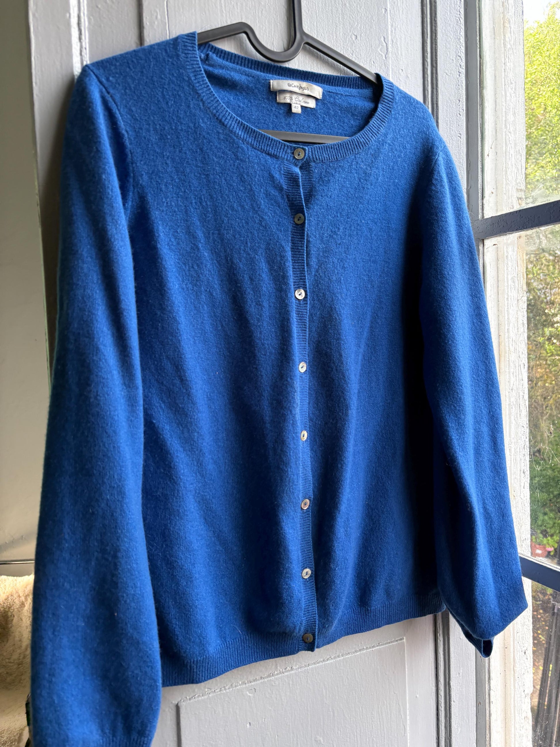Vintage Blue Cashmere Cardigan with Pearl Buttons — detail