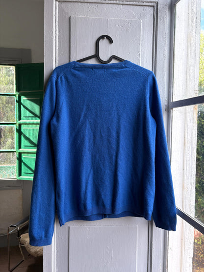 Vintage Blue Cashmere Cardigan with Pearl Buttons — back view
