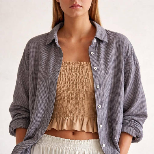 100% linen black and white woman blouse, small check pattern top, S