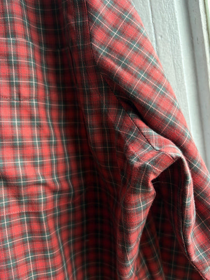 Red Plaid Cotton Button-Up Shirt — fabric close-up