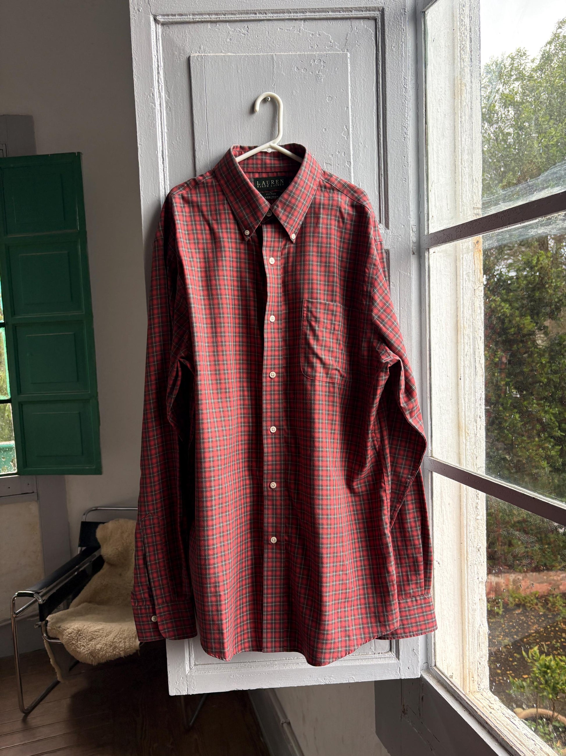 Red Plaid Cotton Button-Up Shirt — back view