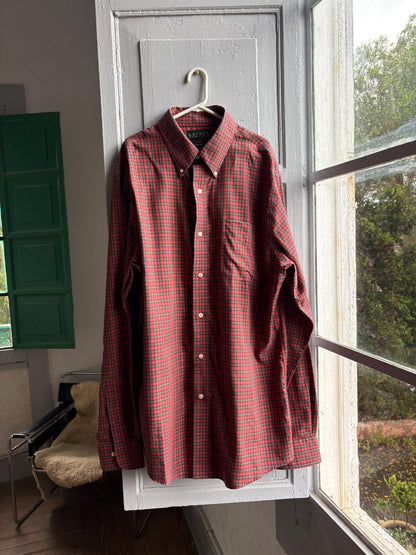 Red Plaid Cotton Button-Up Shirt — back view
