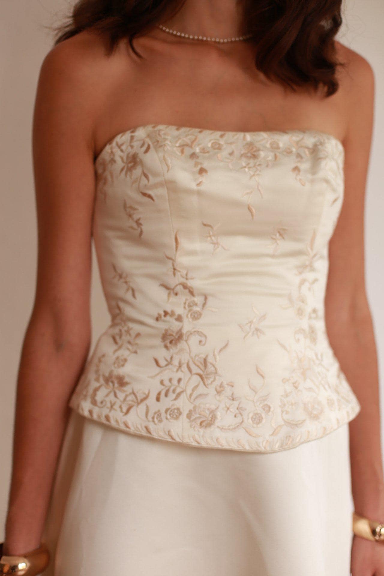 Pronovias White Floral Embroidered Wedding Gown — fabric close-up