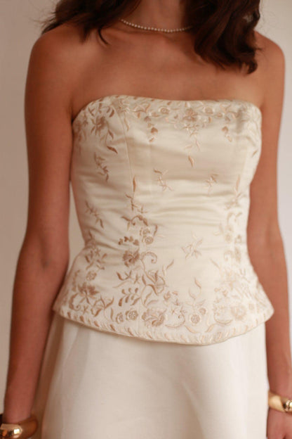 Pronovias White Floral Embroidered Wedding Gown — fabric close-up