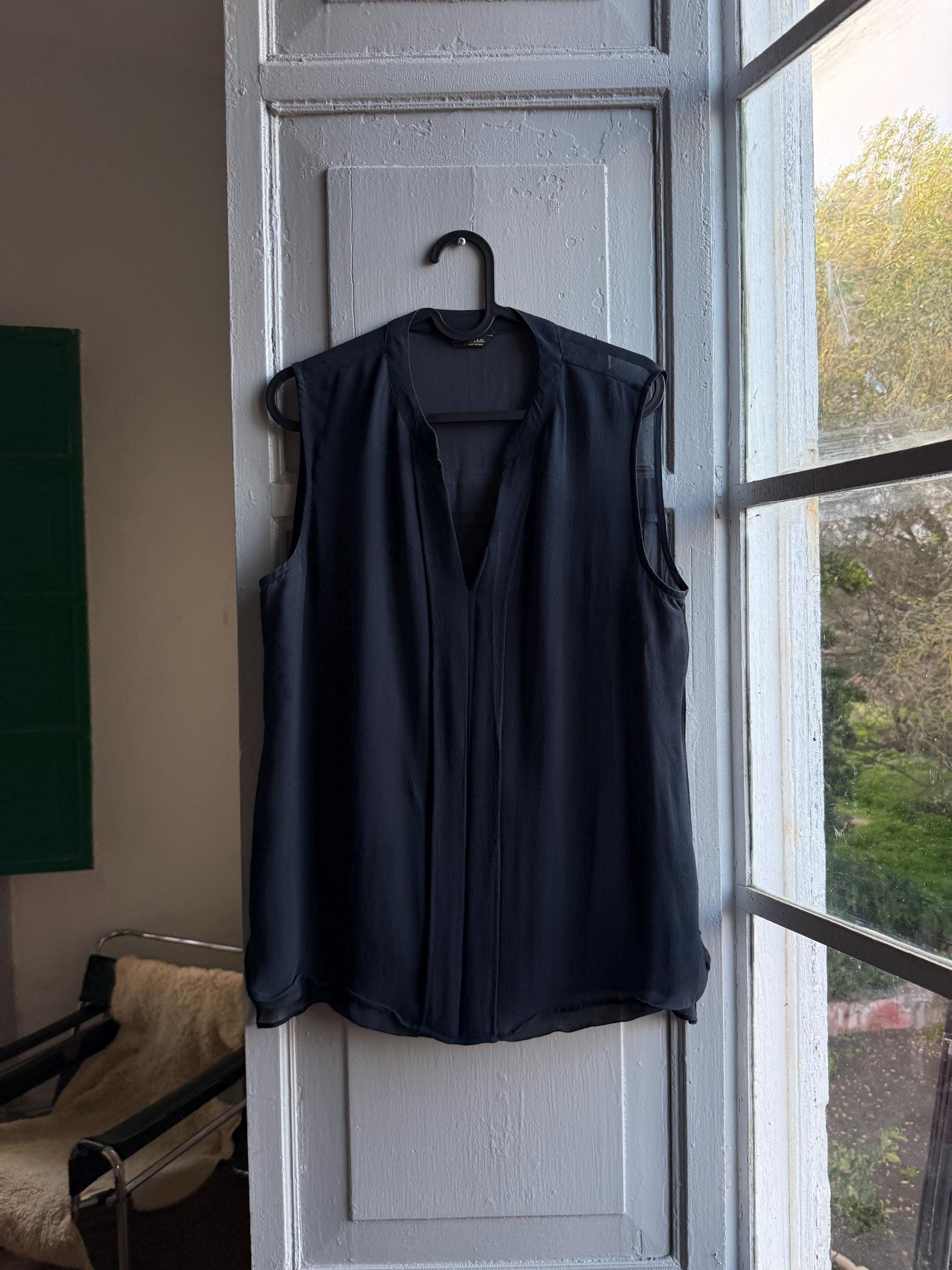 Dark Blue Sheer V-Neck Camisole — fabric close-up