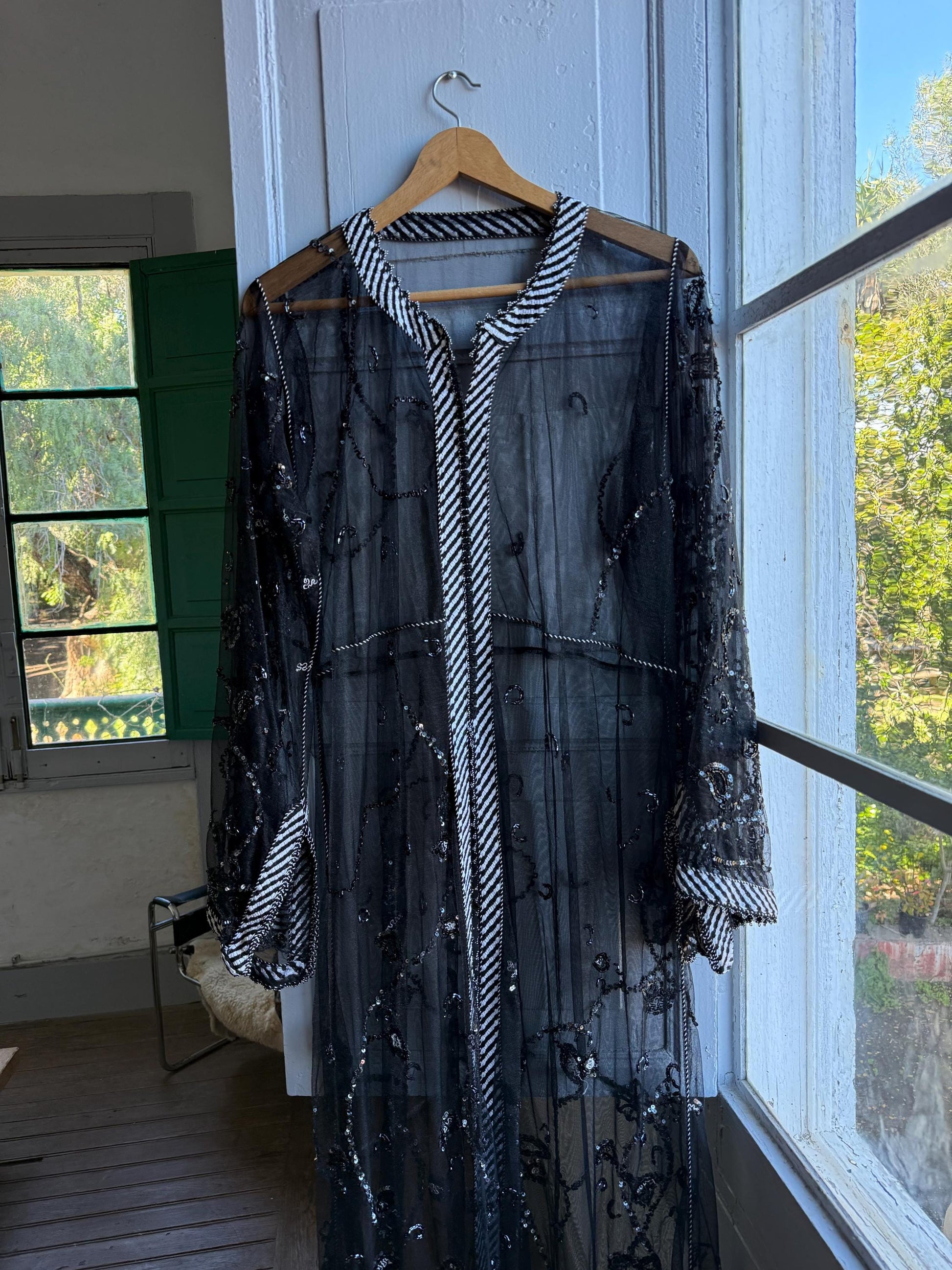 Vintage 90s Beaded Sheer Caftan Duster, Black Sequin Mesh Kimono Robe, Boho Evening Cover Up