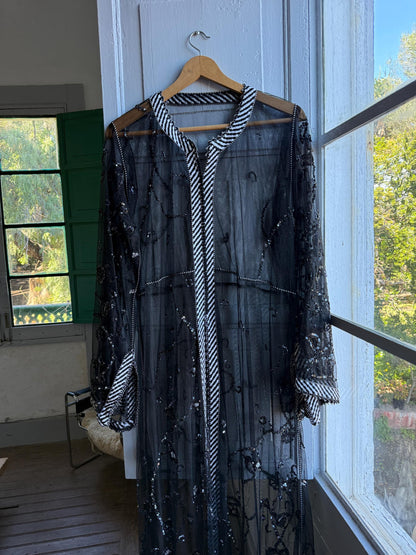 Vintage 90s Beaded Sheer Caftan Duster, Black Sequin Mesh Kimono Robe, Boho Evening Cover Up