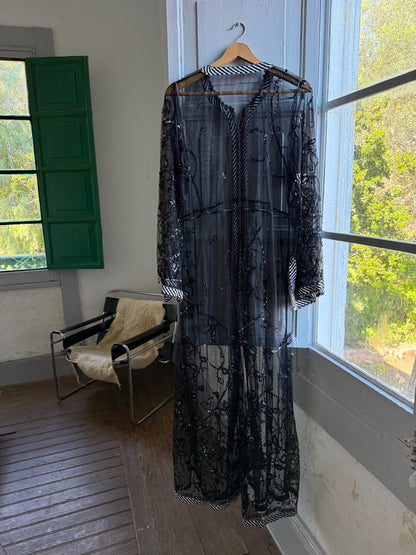 Vintage 90s Beaded Sheer Caftan Duster, Black Sequin Mesh Kimono Robe, Boho Evening Cover Up