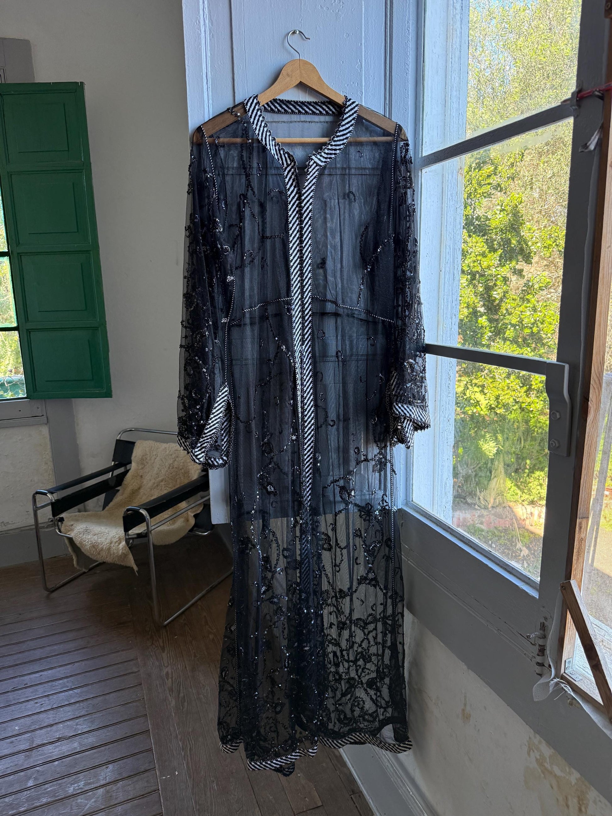 Vintage 90s Beaded Sheer Caftan Duster, Black Sequin Mesh Kimono Robe, Boho Evening Cover Up