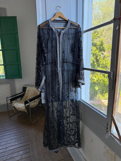 Vintage 90s Beaded Sheer Caftan Duster, Black Sequin Mesh Kimono Robe, Boho Evening Cover Up