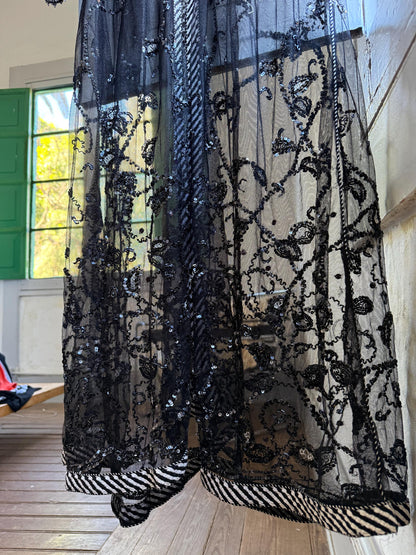 Vintage 90s Beaded Sheer Caftan Duster, Black Sequin Mesh Kimono Robe, Boho Evening Cover Up