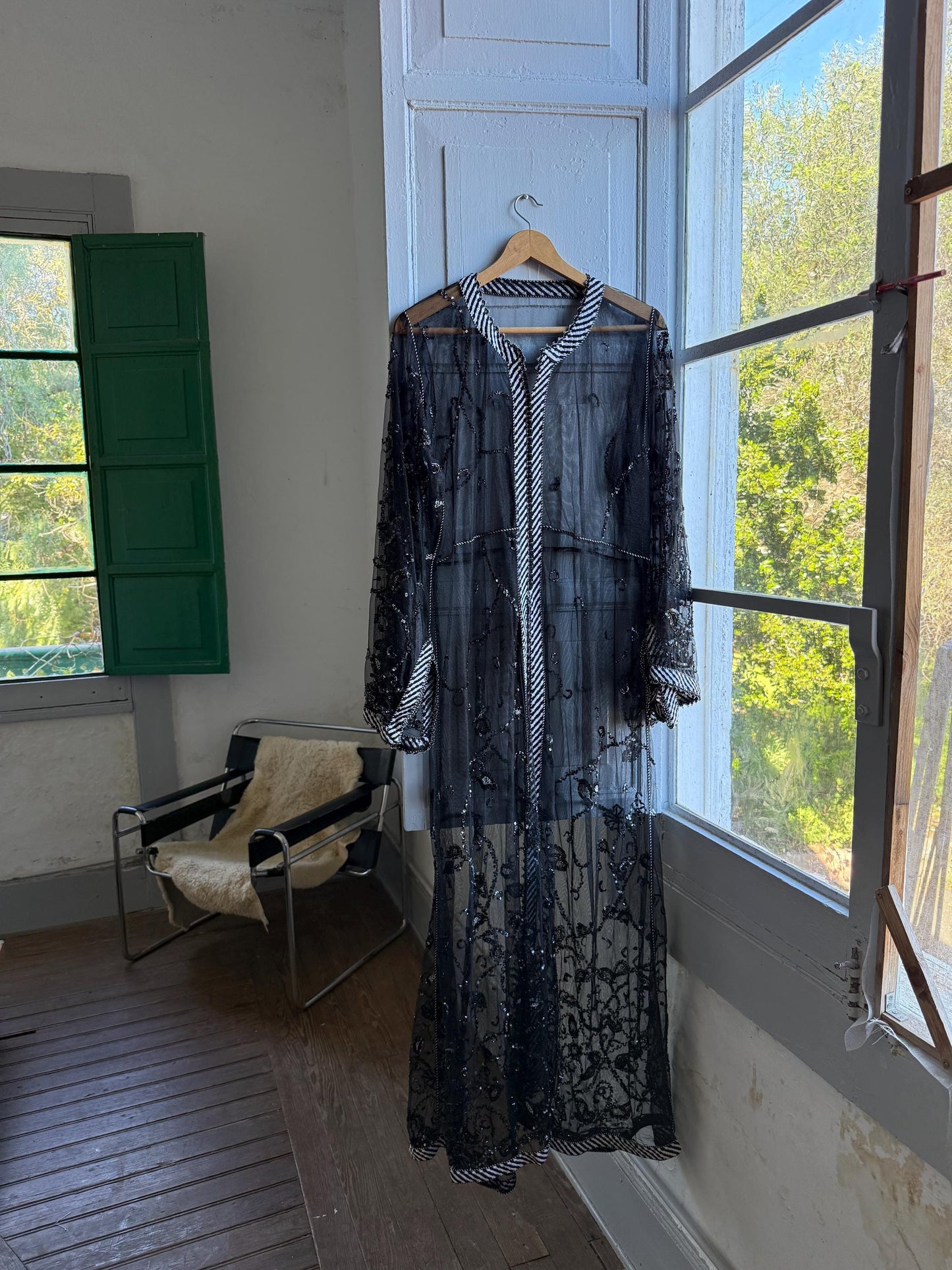 Vintage 90s Beaded Sheer Caftan Duster, Black Sequin Mesh Kimono Robe, Boho Evening Cover Up