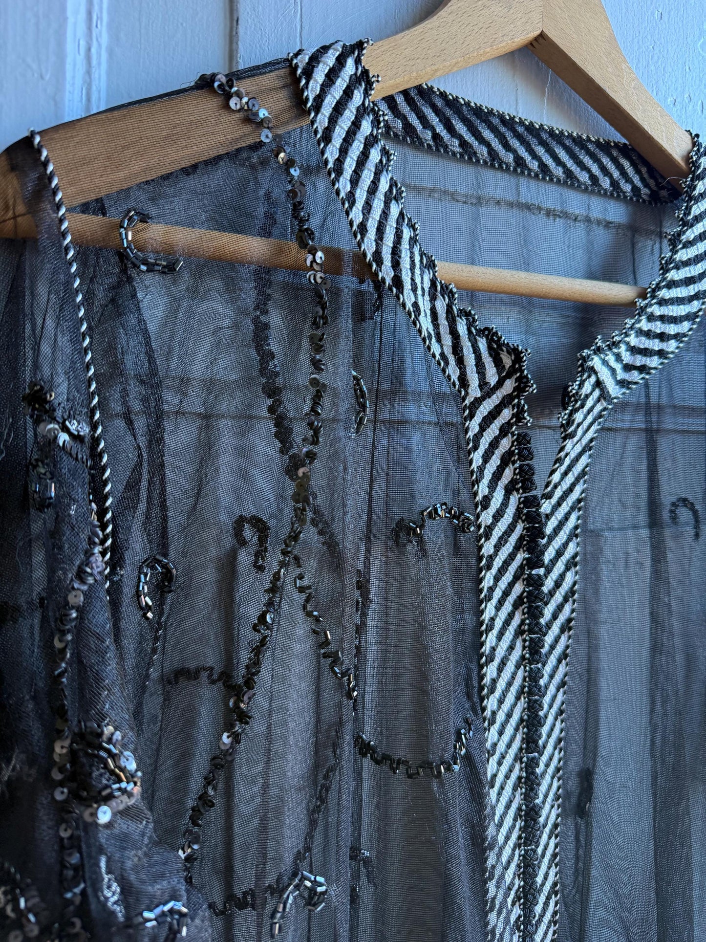Vintage 90s Beaded Sheer Caftan Duster, Black Sequin Mesh Kimono Robe, Boho Evening Cover Up