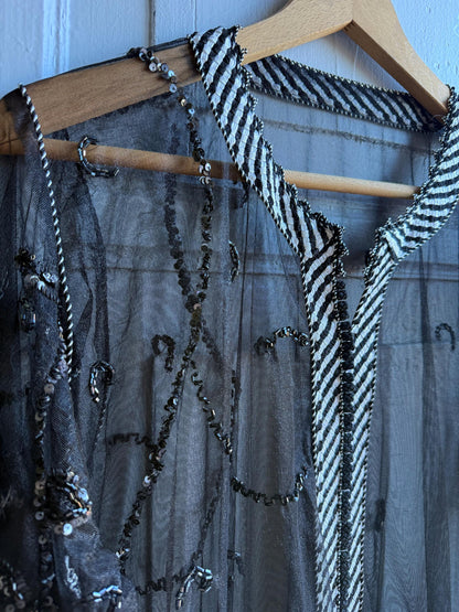 Vintage 90s Beaded Sheer Caftan Duster, Black Sequin Mesh Kimono Robe, Boho Evening Cover Up
