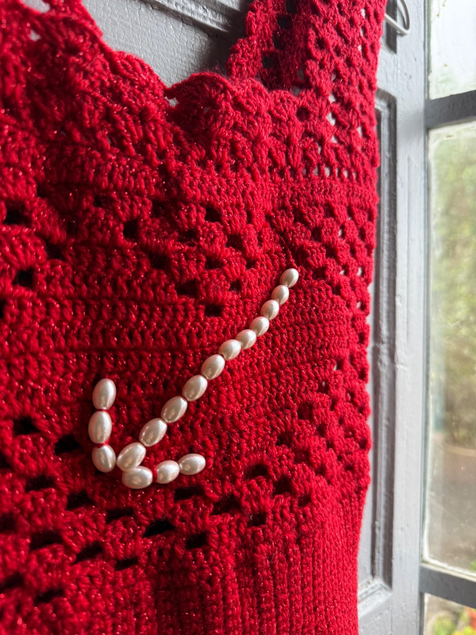 Sailor-Themed Red Crochet Top — fabric close-up