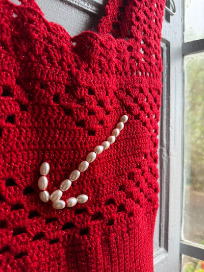 Sailor-Themed Red Crochet Top — fabric close-up