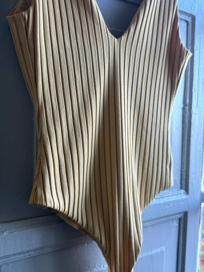 Vintage Beige Deep V Bodysuit With Open Back — additional view 6
