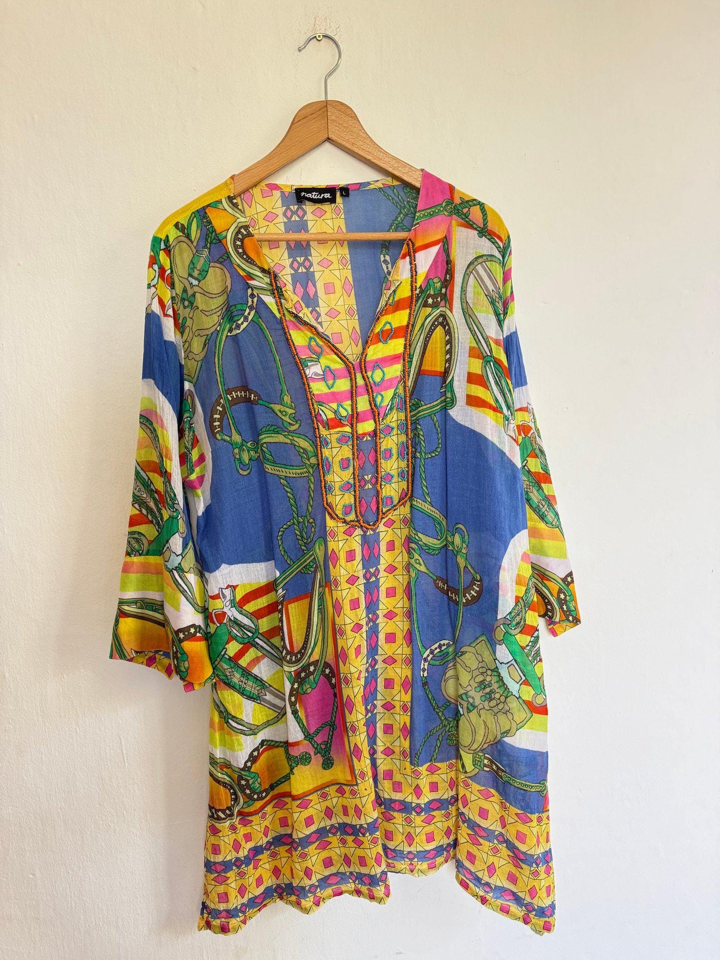 Natura colorful tunic summer dress, 100% cotton beach wear, Size L
