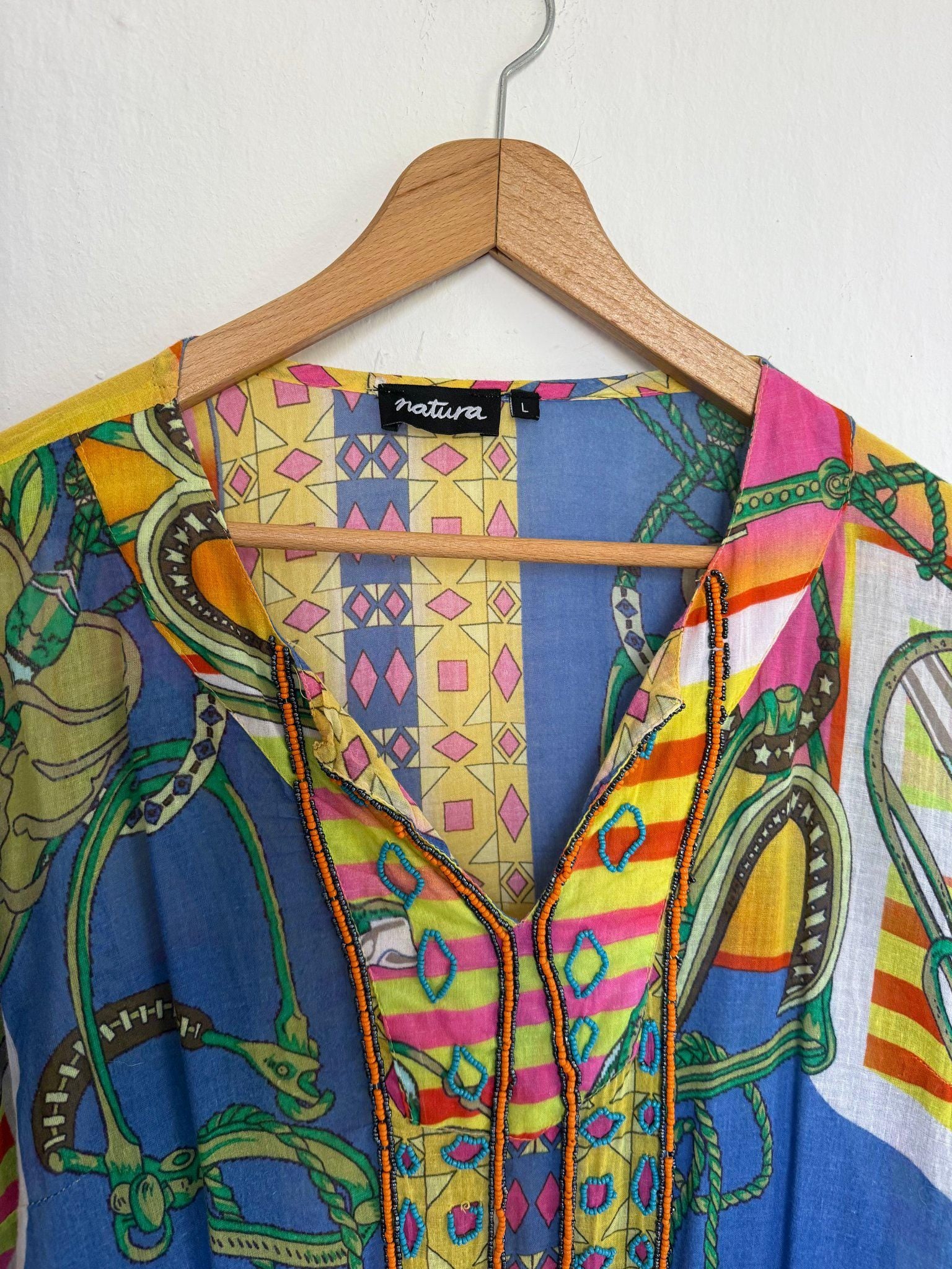 Natura colorful tunic summer dress, 100% cotton beach wear, Size L