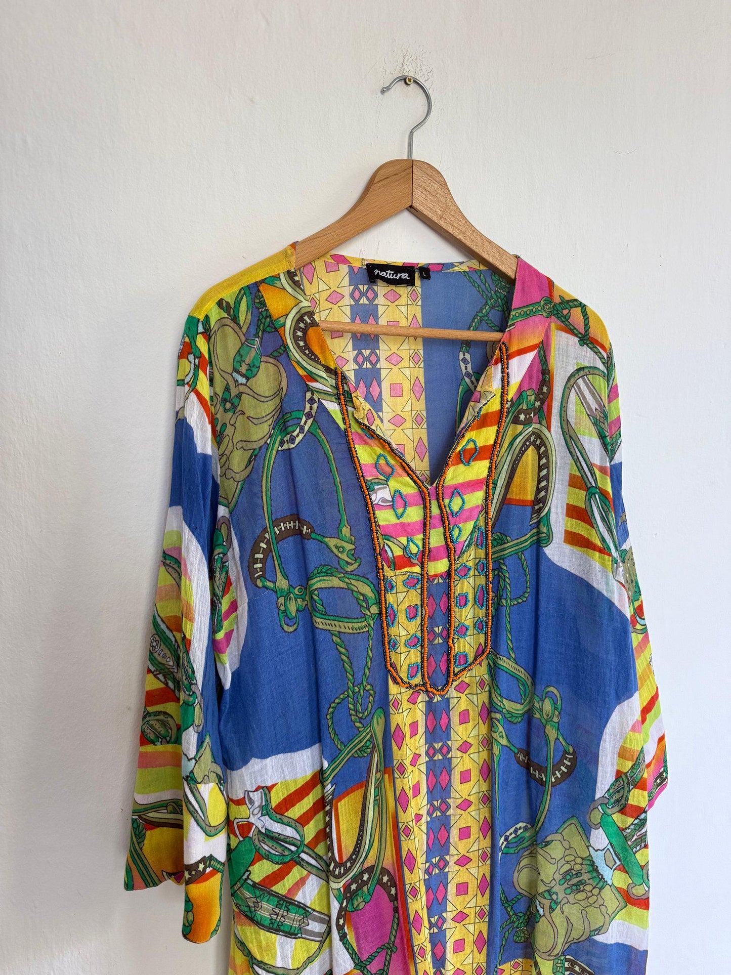 Natura colorful tunic summer dress, 100% cotton beach wear, Size L
