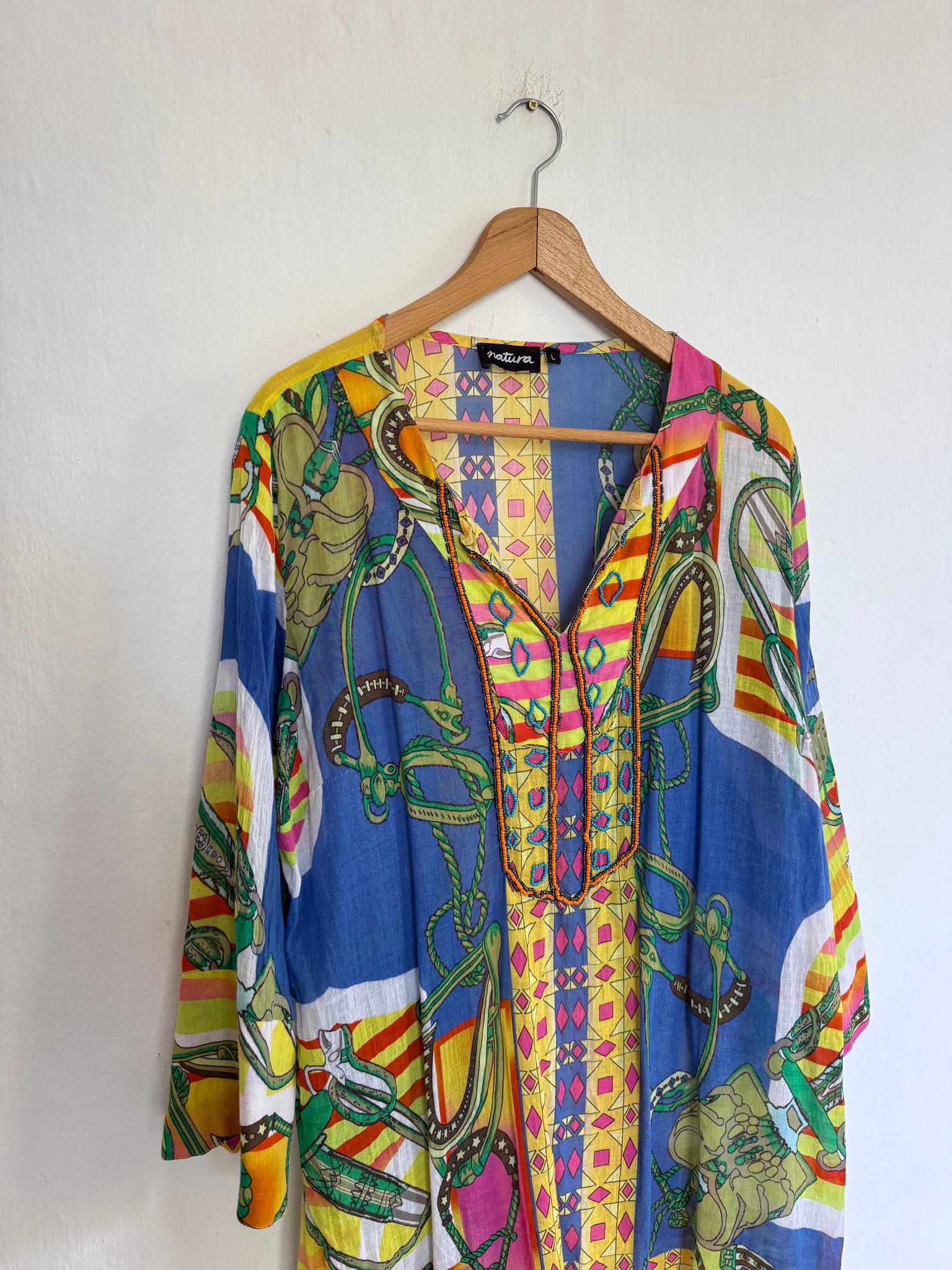 Natura colorful tunic summer dress, 100% cotton beach wear, Size L