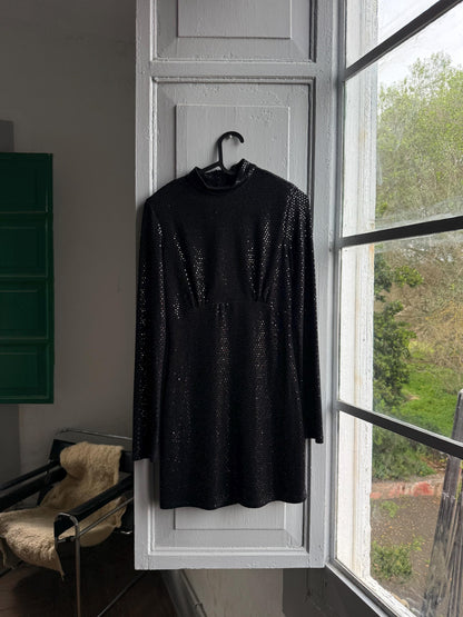 Simple black sparkly mini dress, fitted silhouette, New years eve outfit, Date night out, XXS