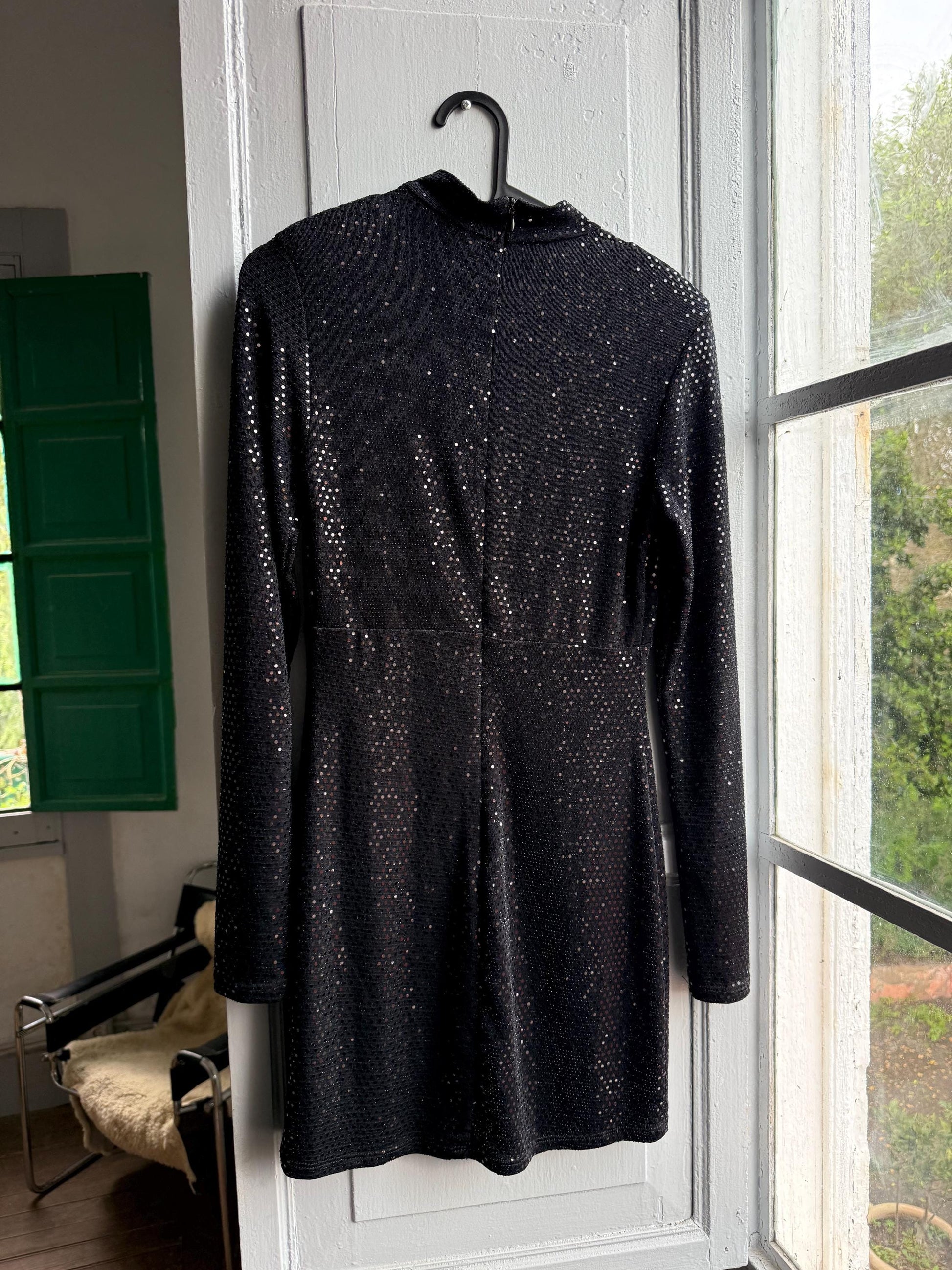 Simple black sparkly mini dress, fitted silhouette, New years eve outfit, Date night out, XXS