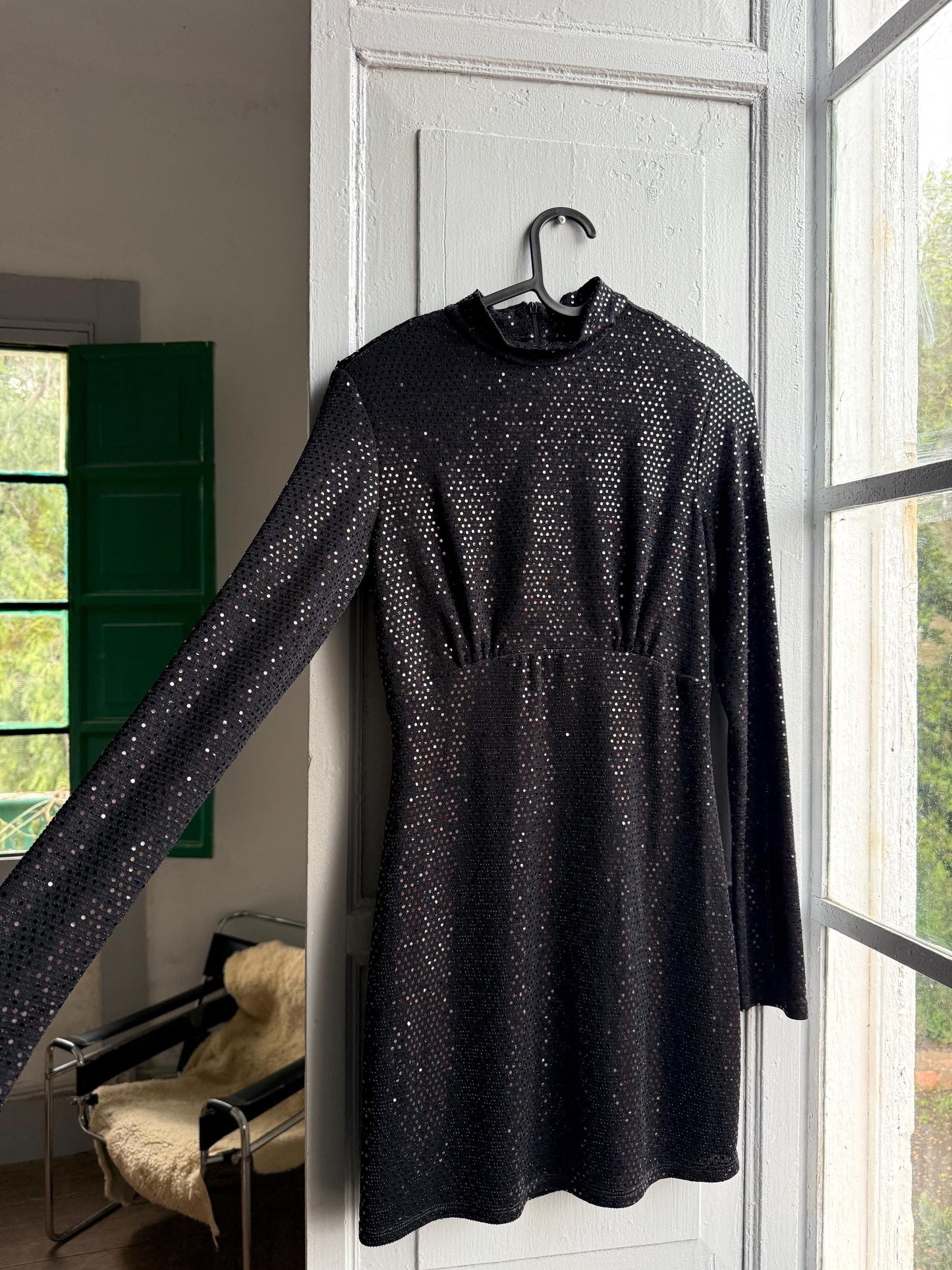 Simple black sparkly mini dress, fitted silhouette, New years eve outfit, Date night out, XXS