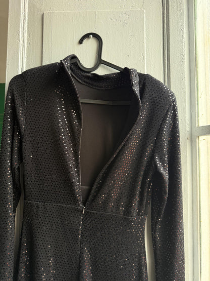 Simple black sparkly mini dress, fitted silhouette, New years eve outfit, Date night out, XXS