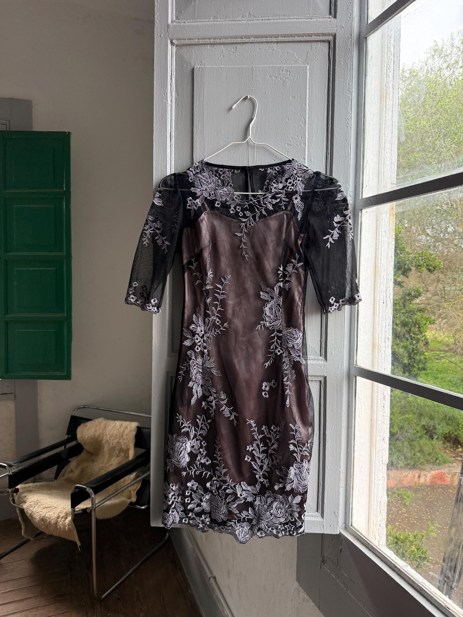 Black Lace Dress With Sheer Overlay