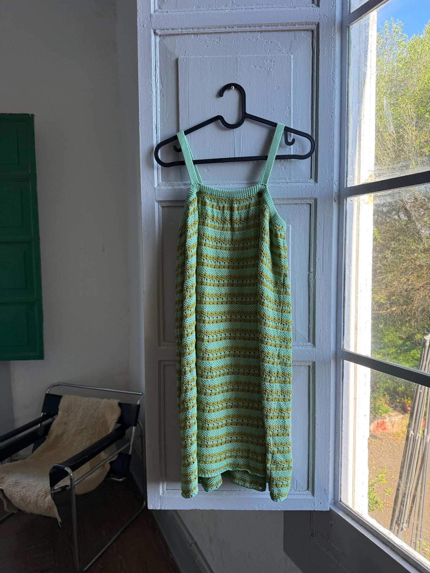 Green Gold Striped Knit Dress for Girls — back view