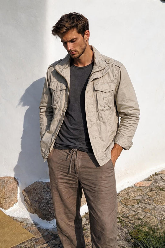 Vintage beige utility jacket, Cotton outdoor menswear, Beige summer coat, L