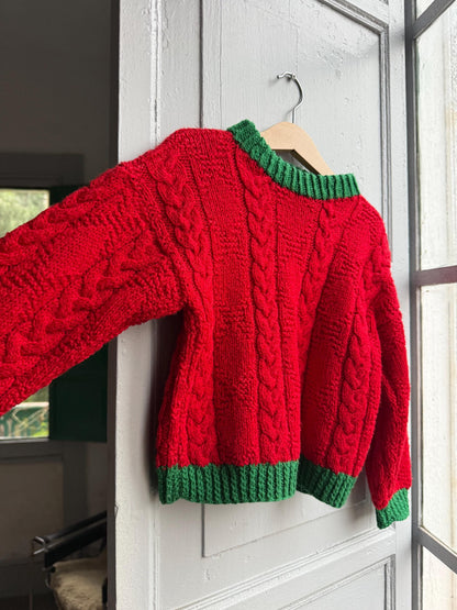 Vintage Red Handknit Kids Christmas Sweater — fabric close-up