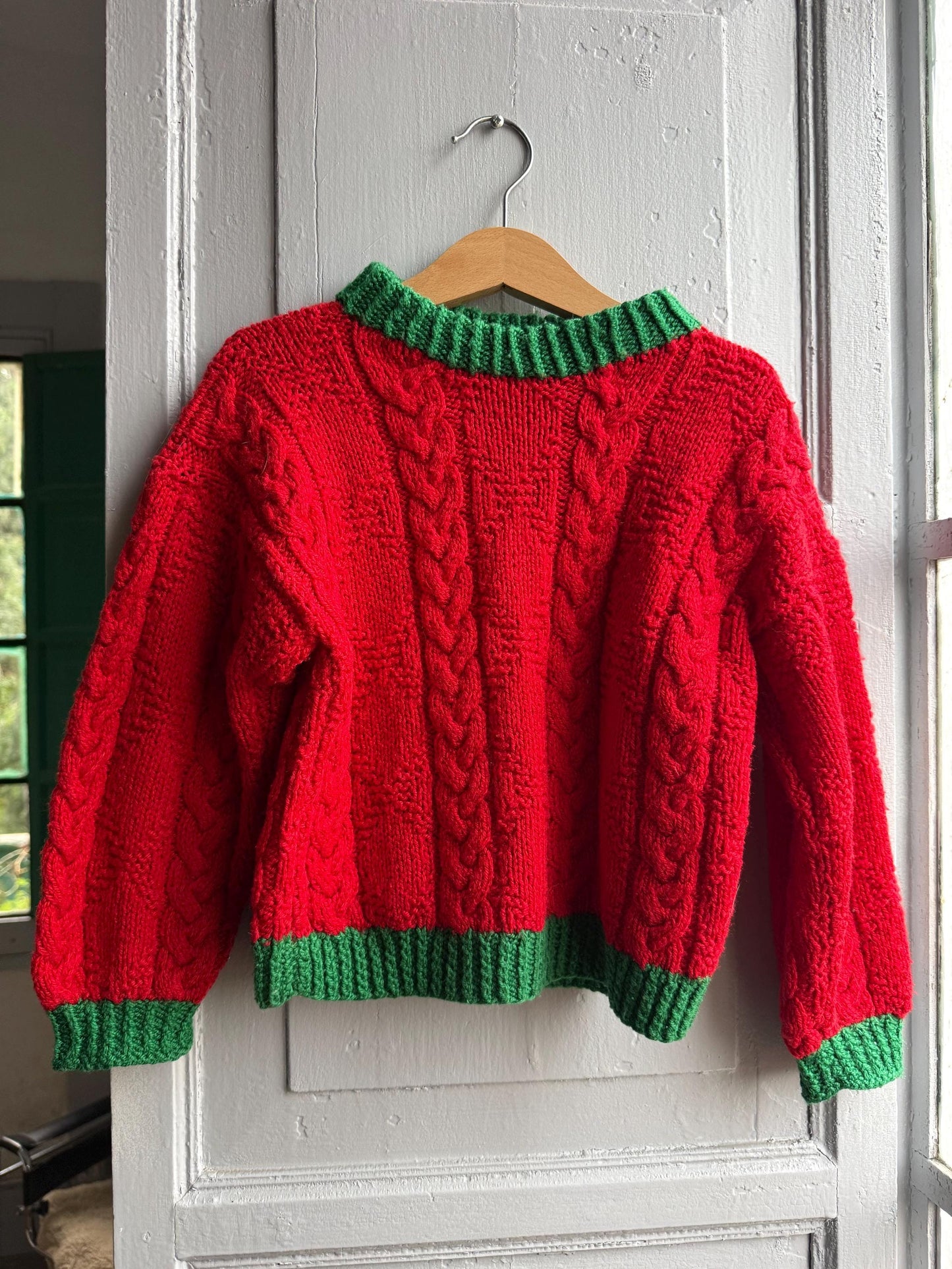 Vintage Red Handknit Kids Christmas Sweater — detail
