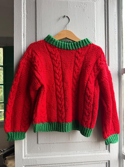 Vintage Red Handknit Kids Christmas Sweater — detail