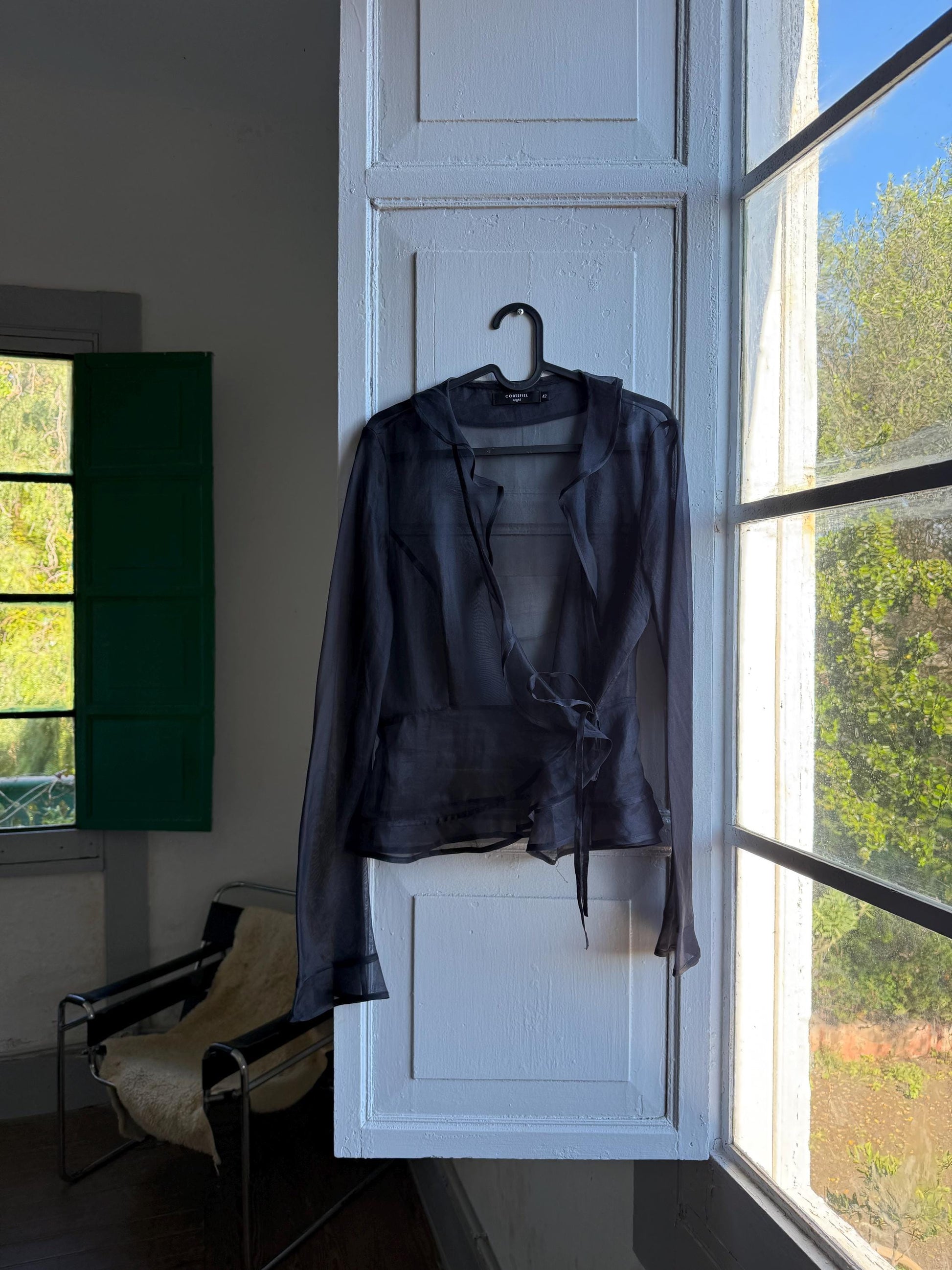 Black sheer ruffle blouse, Deep v neckline wrap top, elegant chic evening wear, size M