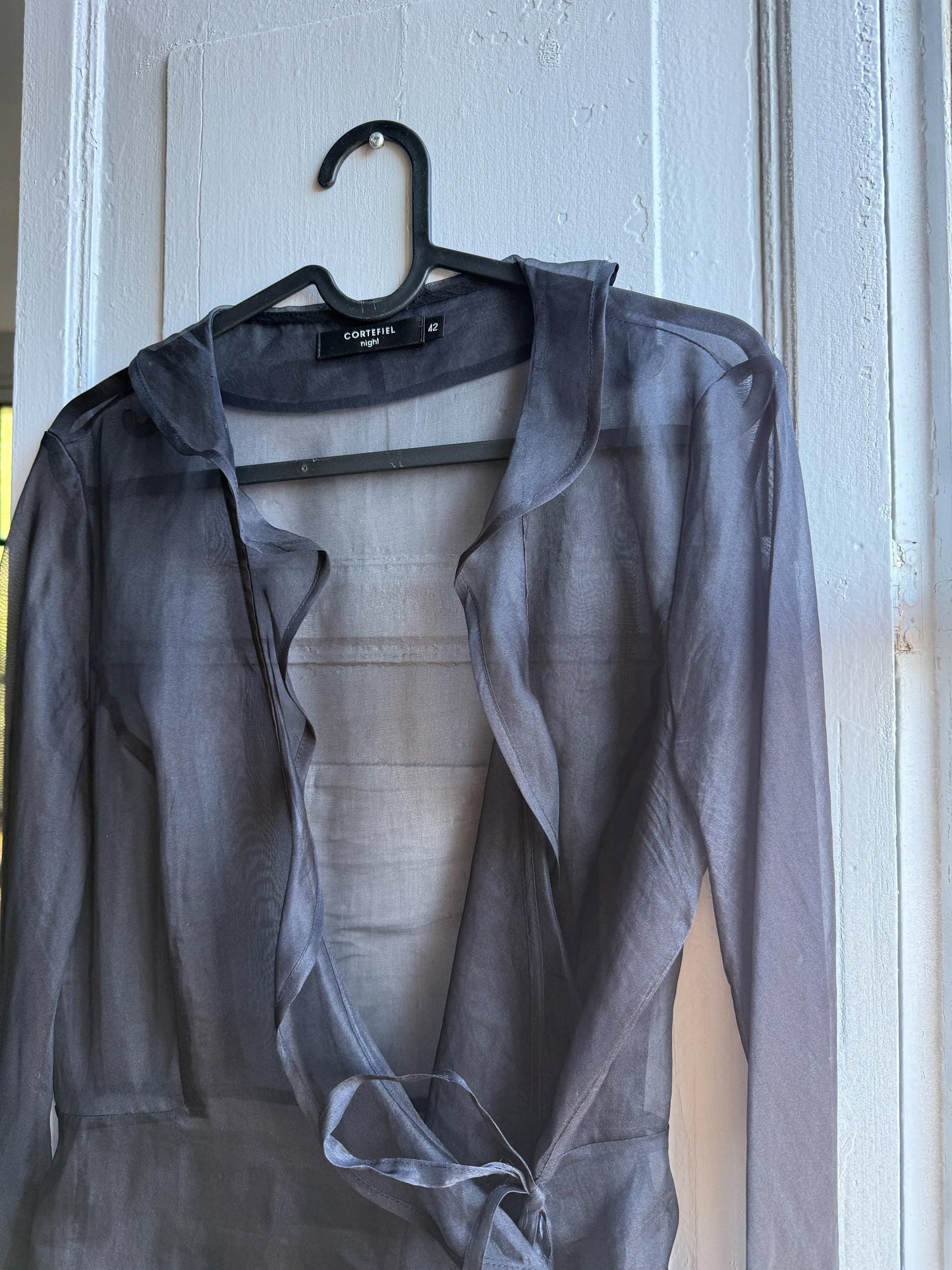 Black sheer ruffle blouse, Deep v neckline wrap top, elegant chic evening wear, size M