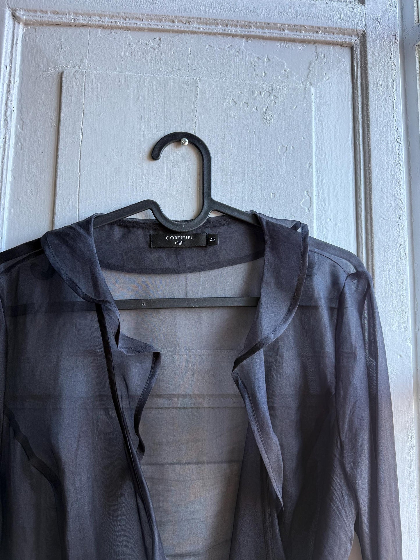 Black sheer ruffle blouse, Deep v neckline wrap top, elegant chic evening wear, size M