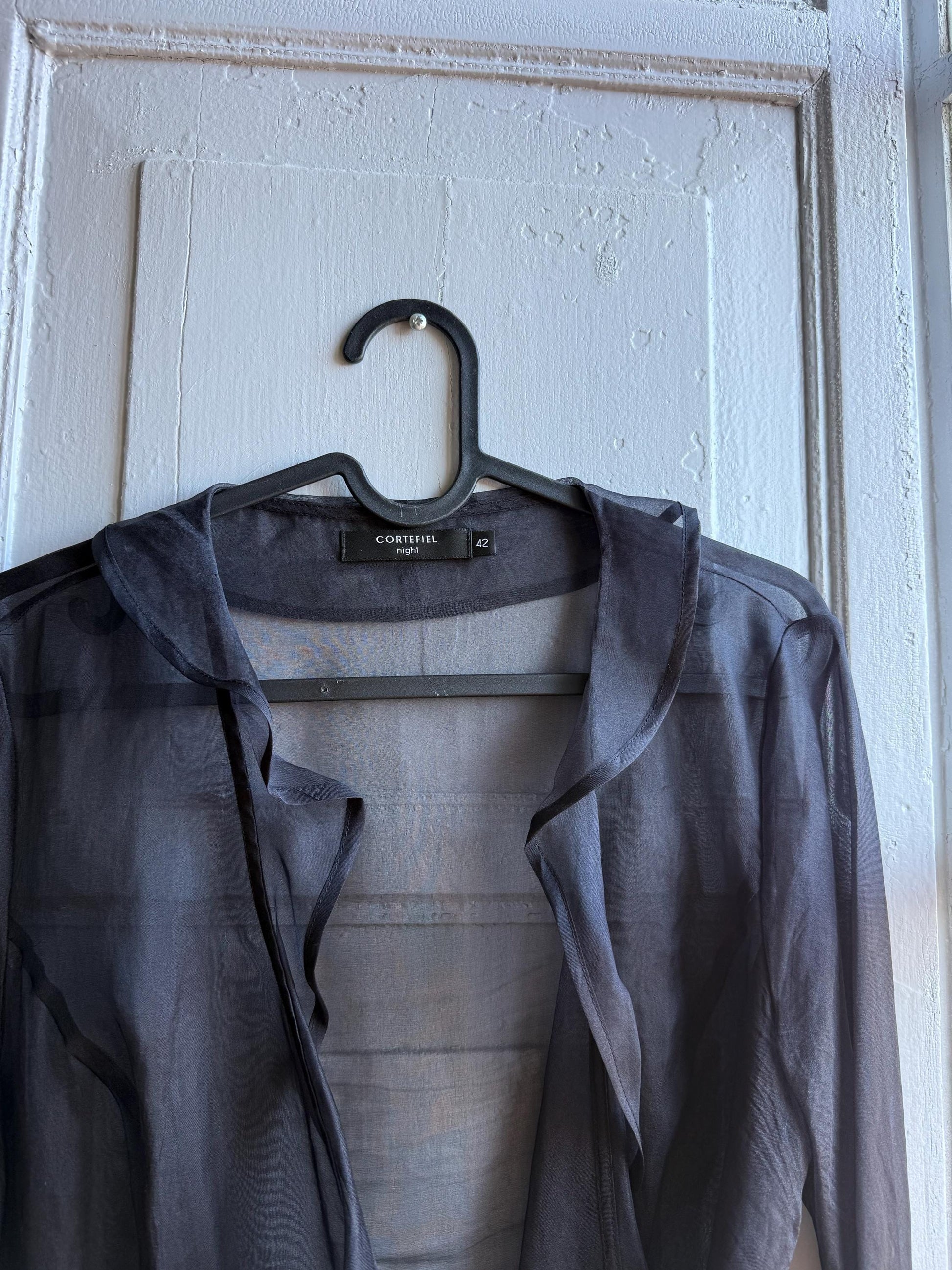 Black sheer ruffle blouse, Deep v neckline wrap top, elegant chic evening wear, size M